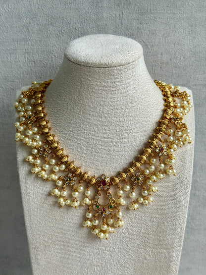 Ayura Designs Chaaya Set – Necklace & Earrings with Kundan Stones, Pink & Emerald Accents, and Pearl Detailing