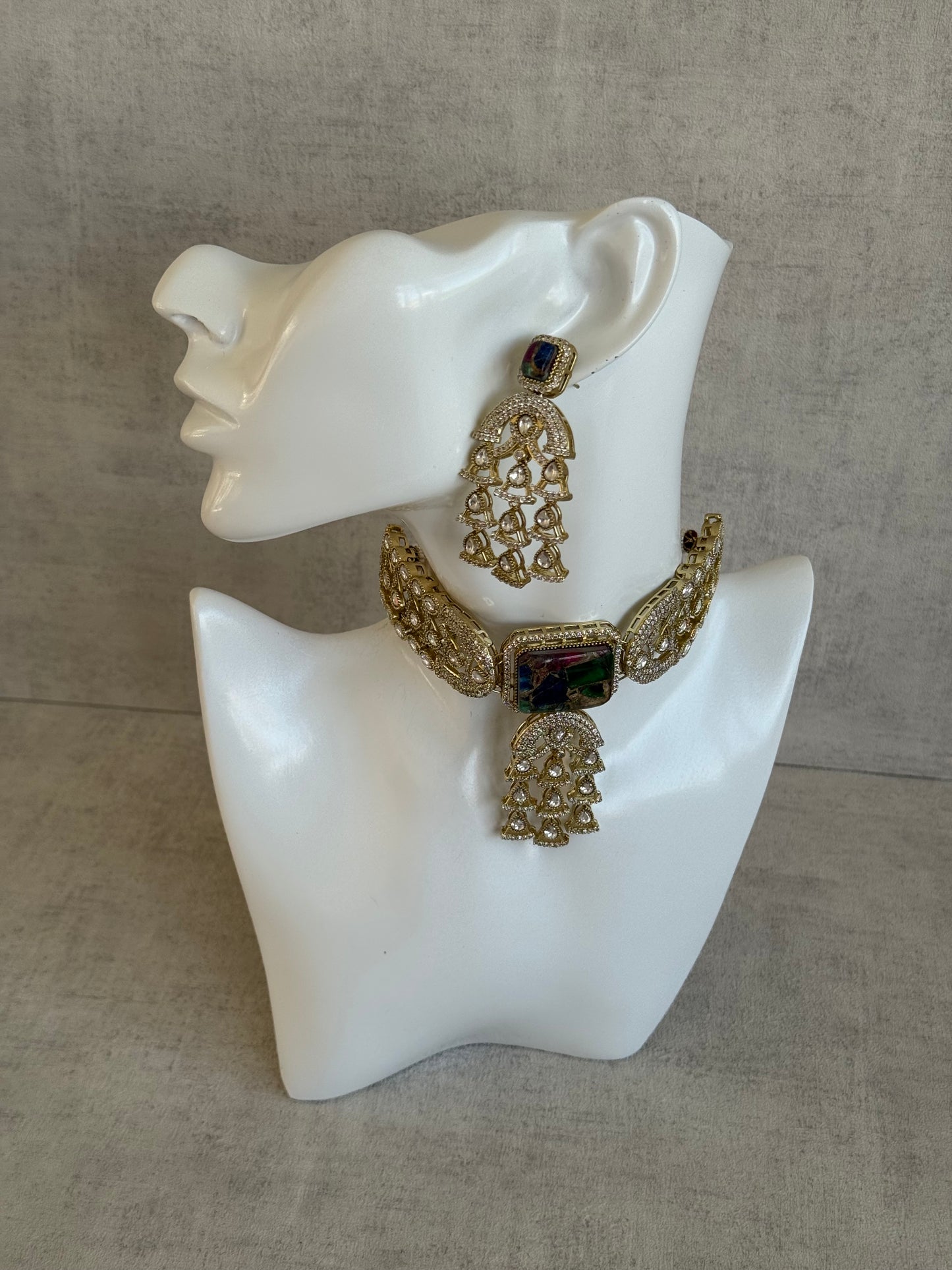 Ayura Designs Isla Choker Set with Earrings – Multicolour Marble & Moissanite Stones