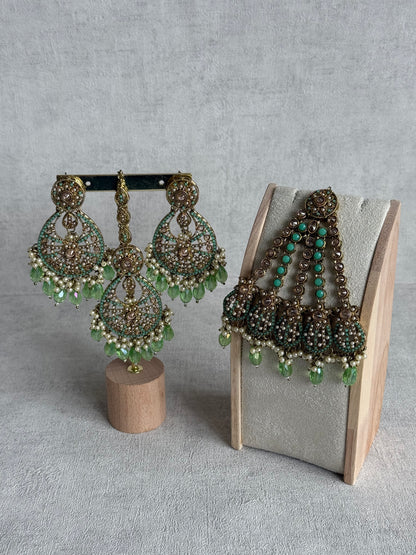 Ayura Designs Gaya Tikka Set with Earrings, Tikka & Sahara – Antique Gold with Pistachio Green Beads, Pearls & Mirror-Cut Stones