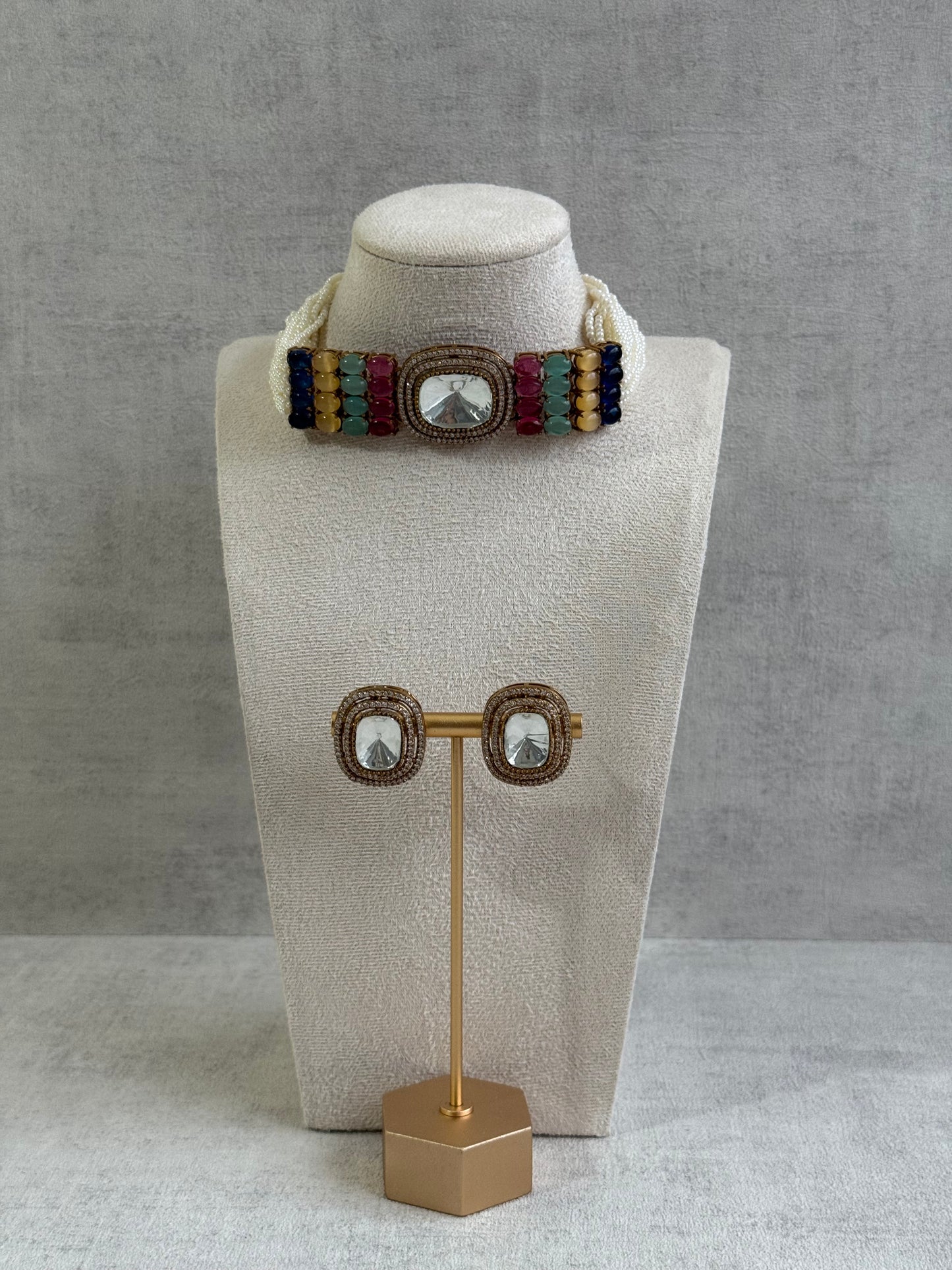 Ayura Designs Emma Choker Set – Multicolour Gemstone Choker & Studs with Mirror-Cut Centrepiece, Pearl Strands & Crystal Borders