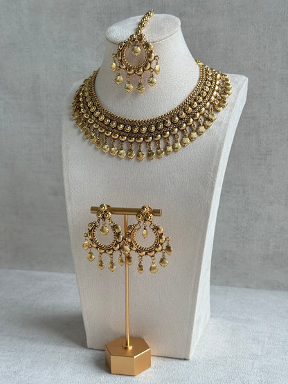 Ayura Designs Falaq Necklace Set with Earrings & Tikka – Gold Finish with Layered Chain, Floral & Shell Drop Detailing