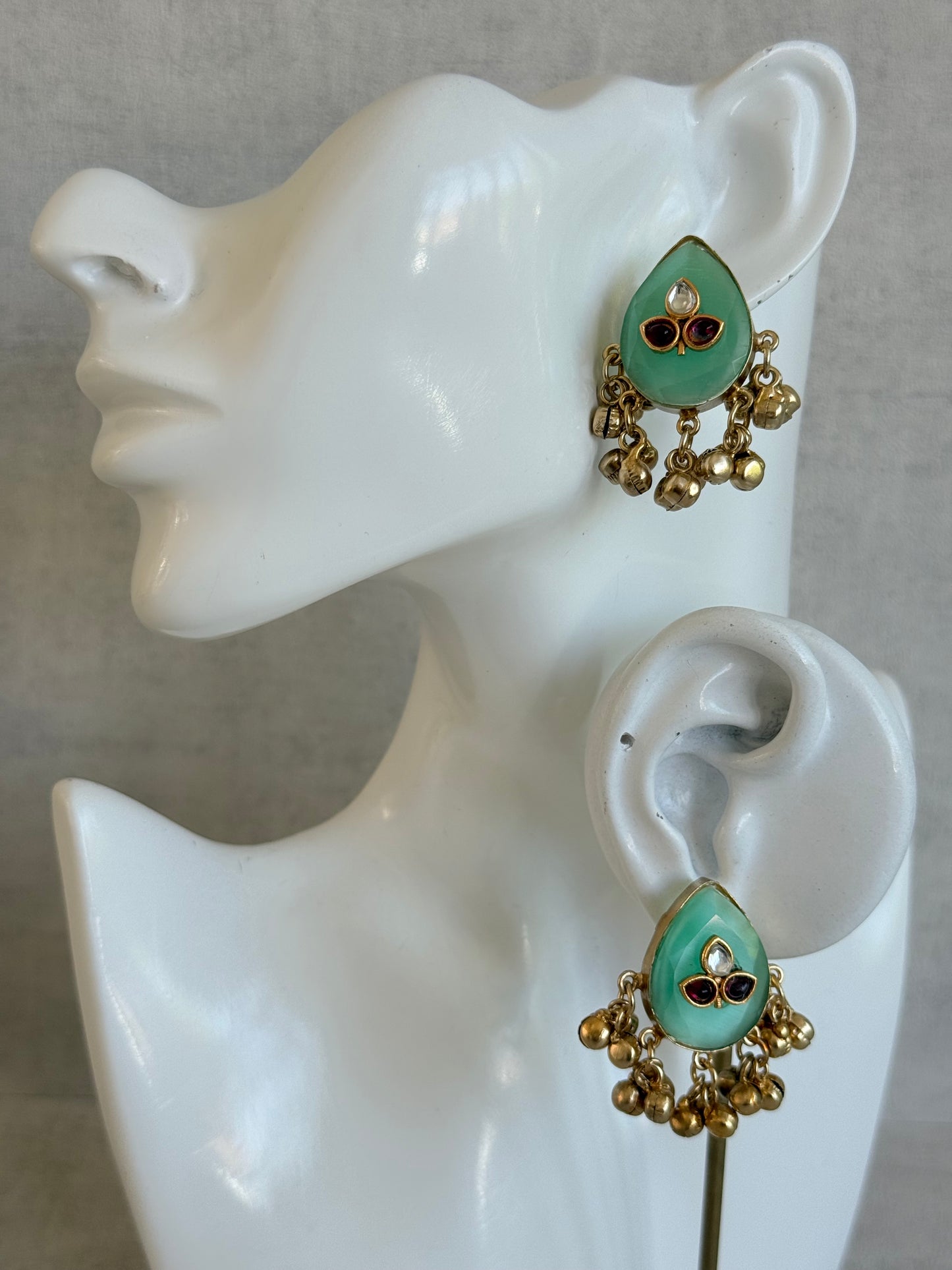 Ayura Designs Aykai Earrings – Mint Green Teardrop Stud Earrings with Clear & Pink Kundan Stones and Gold Ghungroo Drops