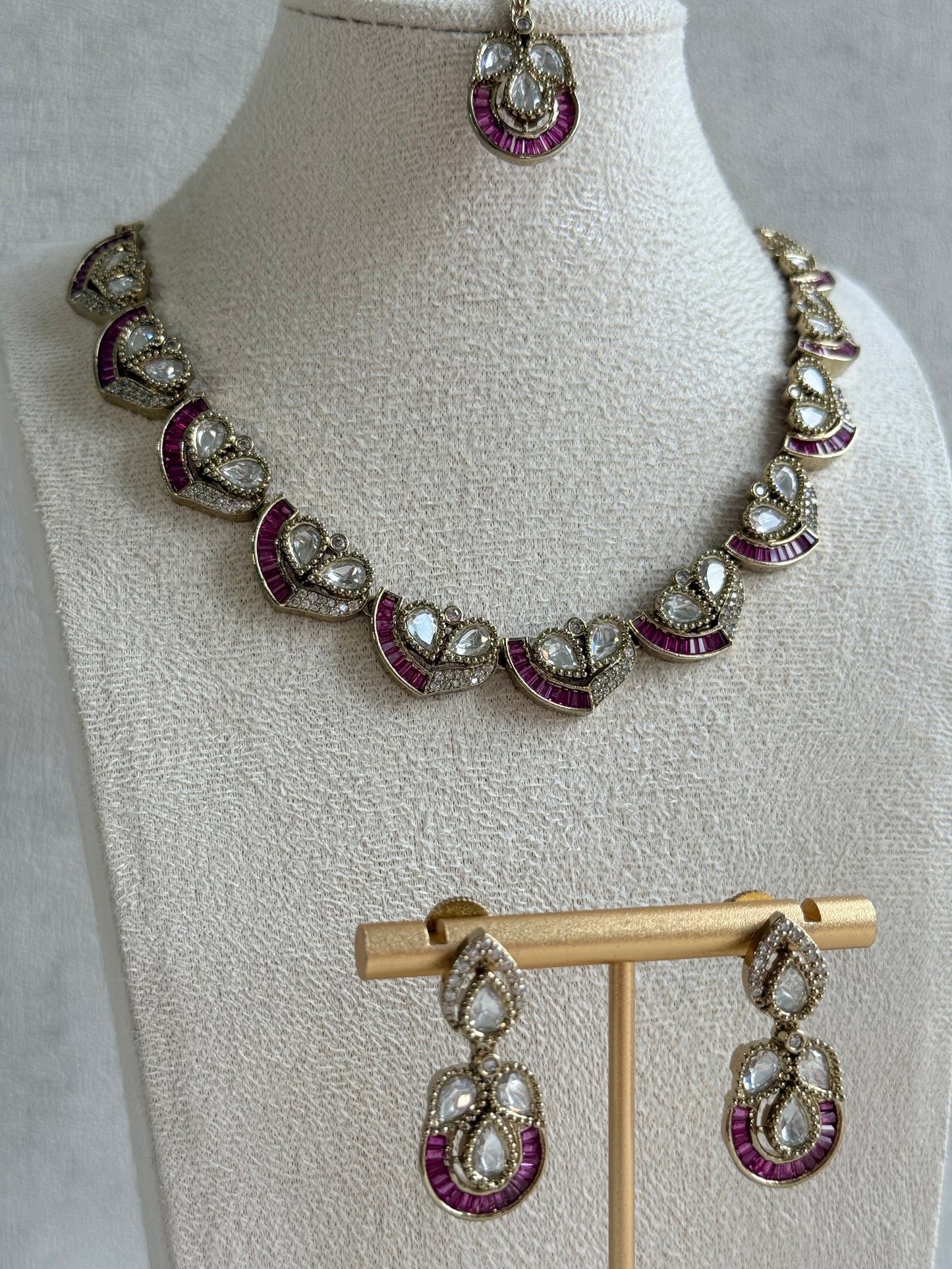 Ayura Designs Katalina Necklace Set with Earrings & Tikka – Rani Pink Stones, Crystals & Antique Gold Finish