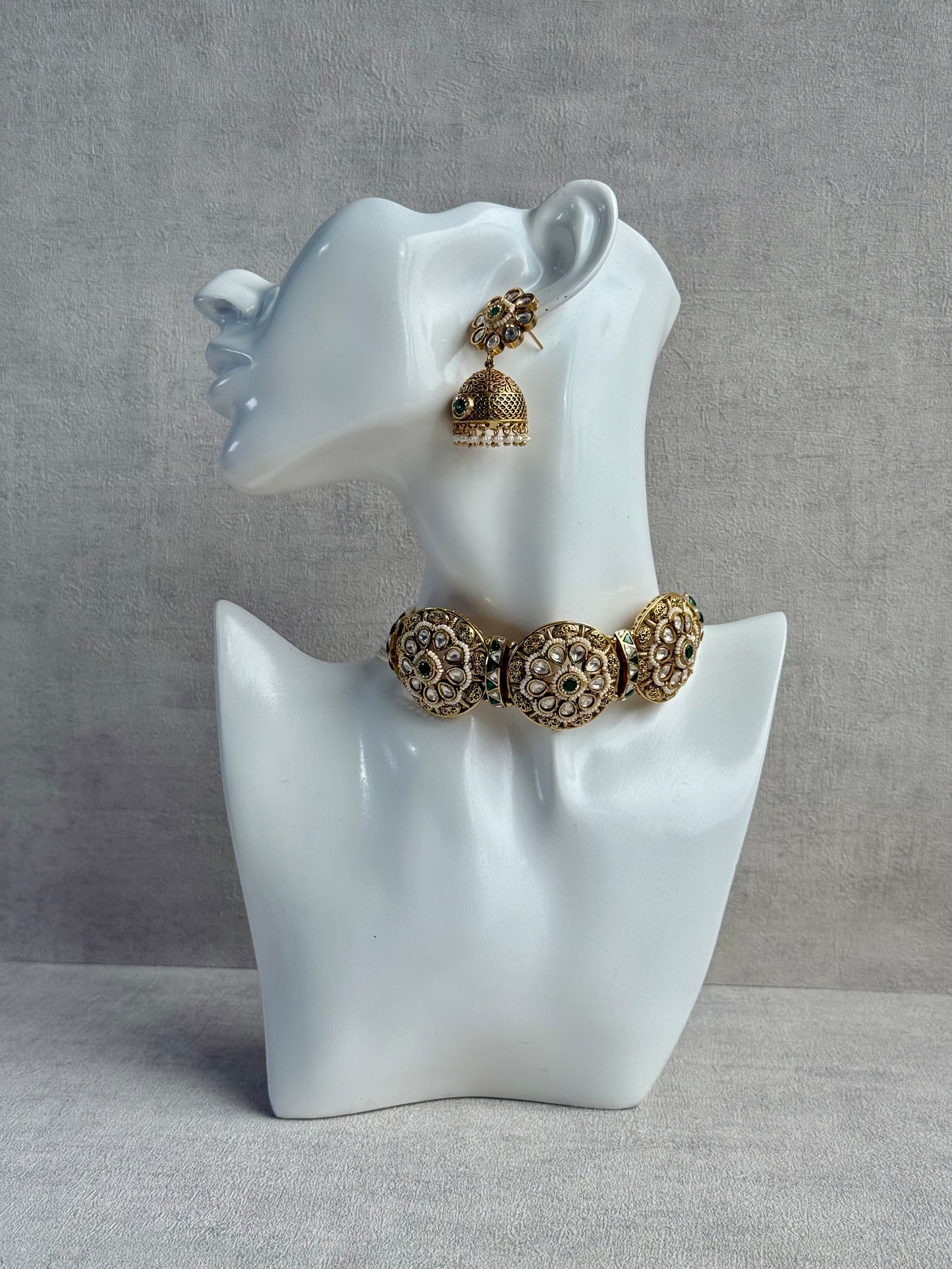 Ayura Designs Tanu Choker Set – Antique Gold Choker & Jhumkis with Ruby & Emerald Kundan and Pearl Borders