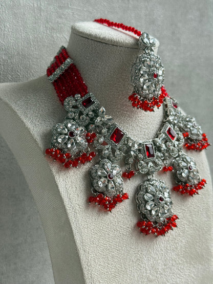 Ayura Designs Zarghuna Set with Jhumkis & Tikka – Mauve Beads, Mirror-Cut Stones & Silver Finish