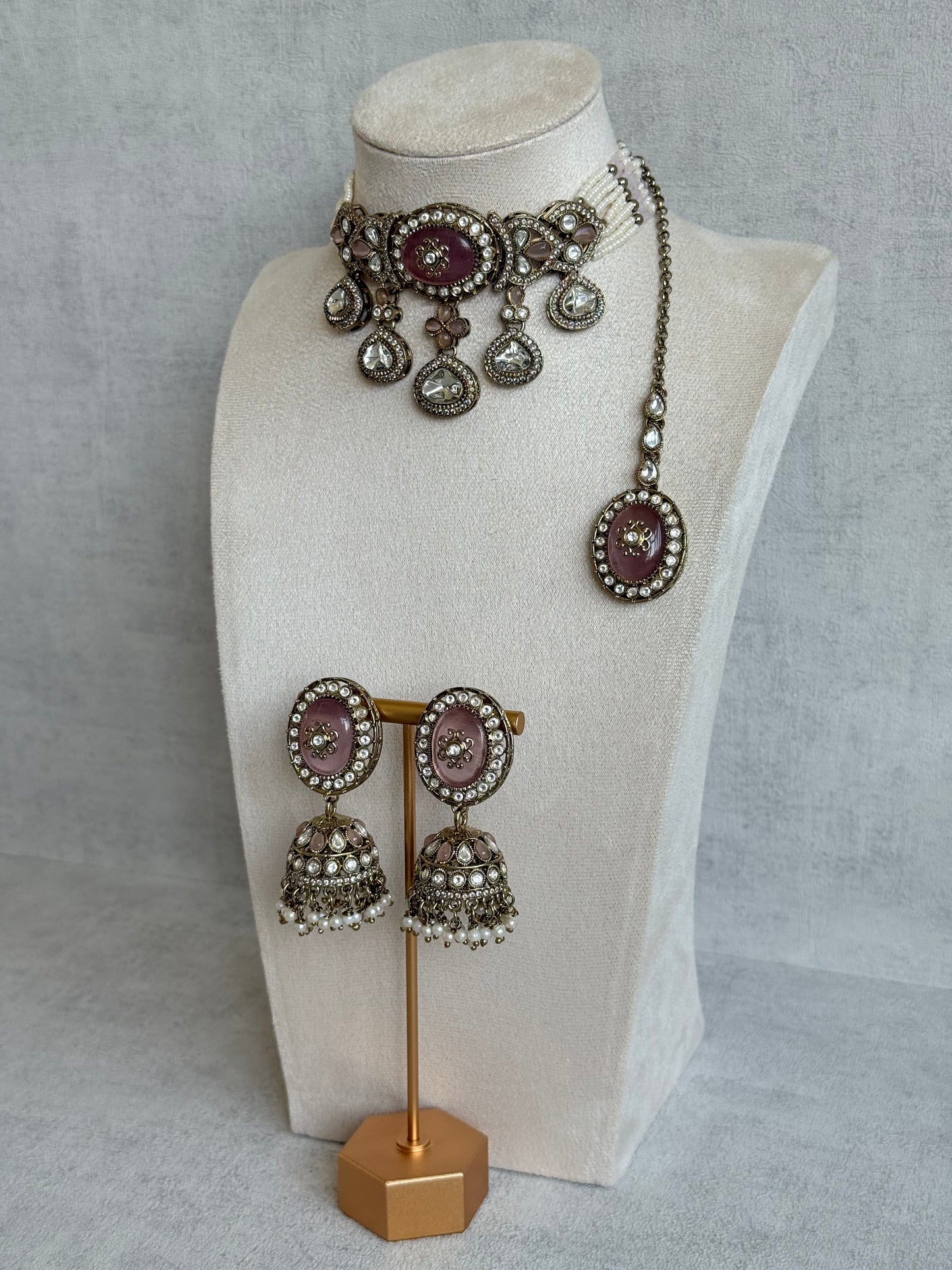 Ayura Designs Myra Choker Set with Earrings & Tikka – Blush Pink Kundan & Pearl Detailing