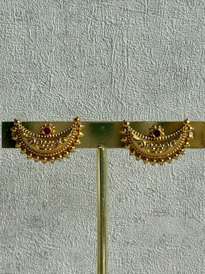 Ayura Designs Dhun Set – Necklace & Earrings with Antique Gold Crescent Motifs, Rani Pink & Emerald Detailing