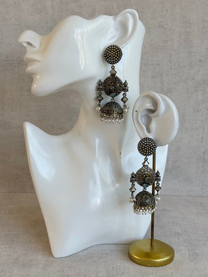 Ayura Designs Elaf Jhumki Earrings – Oxidised Silver Jhumkis with Peacock Motifs, Turquoise Stones & Pearl Drops