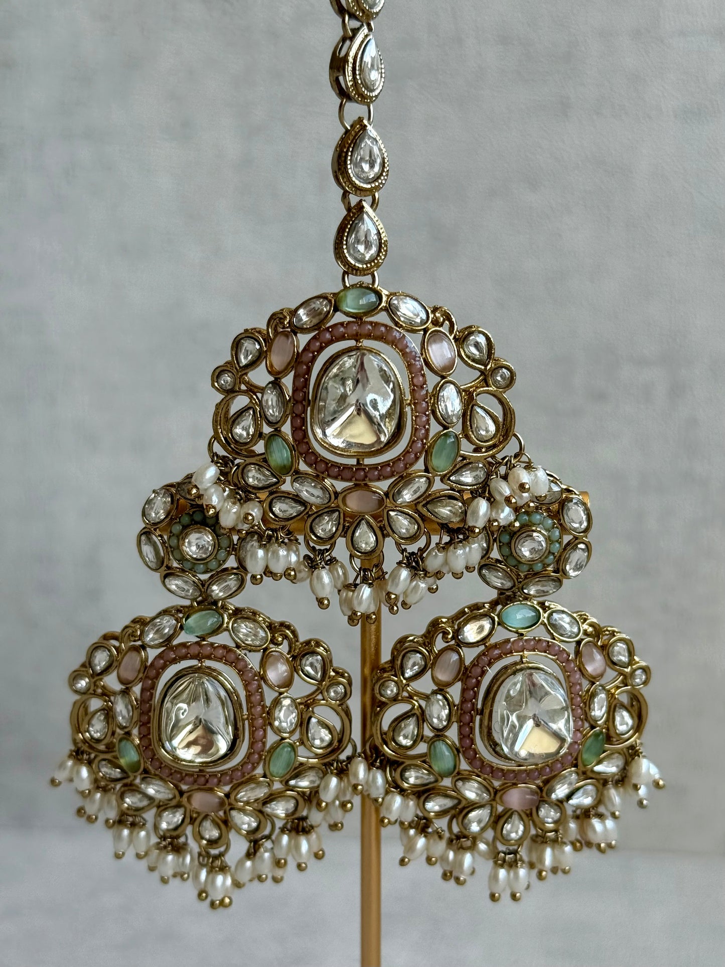 Ayura Designs Durriya Set with Earrings & Tikka – Antique Gold Finish, Mirror-Cut Stones & Pastel Pink, Mint & Ivory Enamel