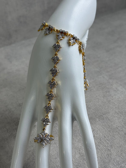 Ayura Designs Aagya Haathphool – Set of 2 Gold & Silver Ring-Bracelet Chains with Floral Diamond-Cut Detailing