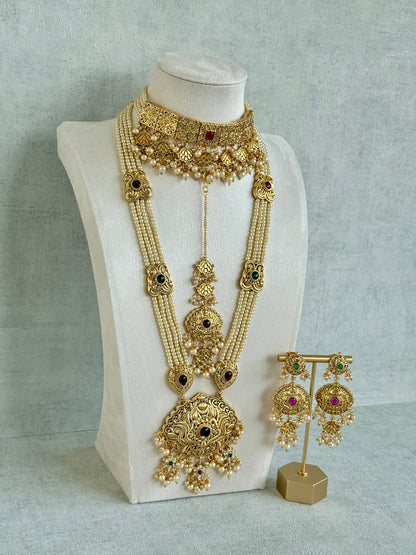 Ayura Designs Maharani Bridal Set with Choker, Haar, Earrings & Tikka – Antique Gold with Pink Stones & Pearl Detailing