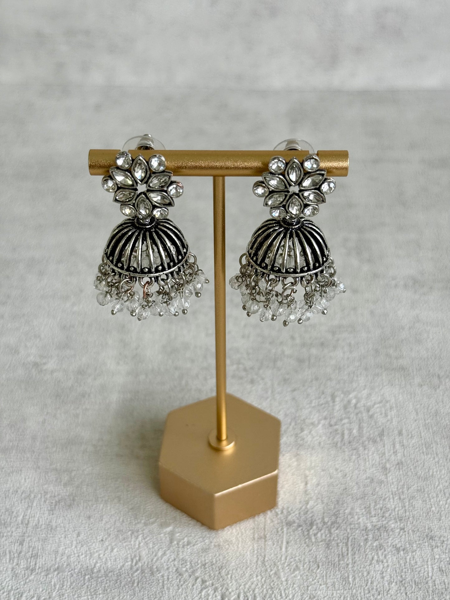 Ayura Designs Syra Jhumkis – Mirror-Cut Stone Tops, Crystal Drop Fringe & Oxidised Silver Finish
