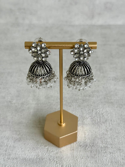 Ayura Designs Syra Jhumkis – Mirror-Cut Stone Tops, Crystal Drop Fringe & Oxidised Silver Finish