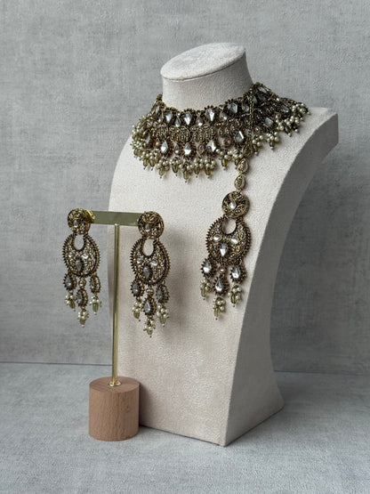 Ayura Designs Nimra Set with Earrings & Tikka – Mirror-Cut Polki, Olive Green Beads & Antique Gold Finish