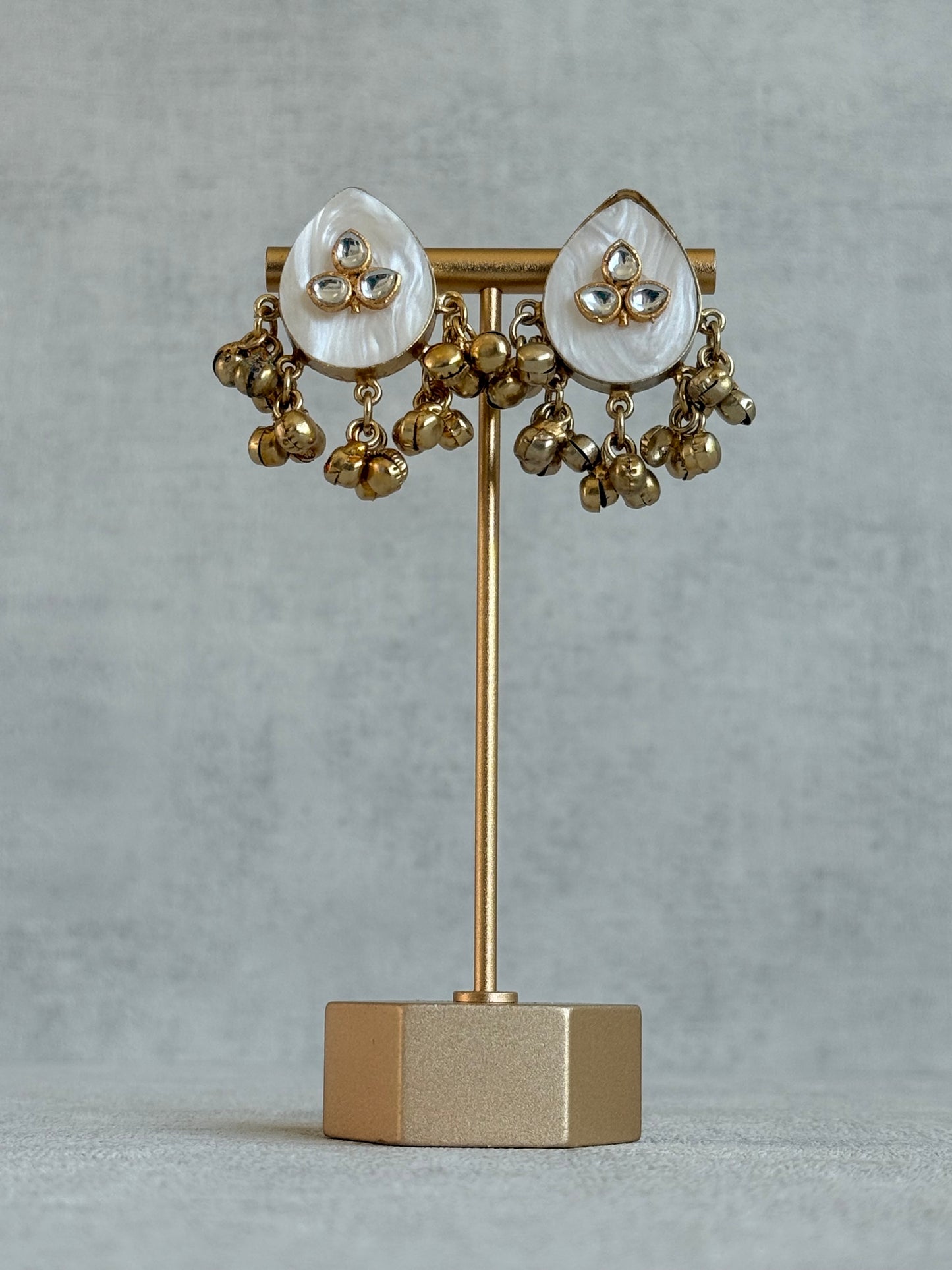 Ayura Designs Aykai Earrings – White Carved Teardrop Stud Earrings with Clear Kundan Stones and Gold Ghungroo Drops