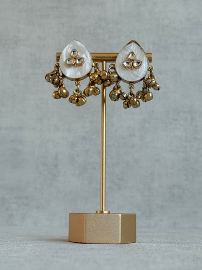 Ayura Designs Aykai Earrings – White Carved Teardrop Stud Earrings with Clear Kundan Stones and Gold Ghungroo Drops