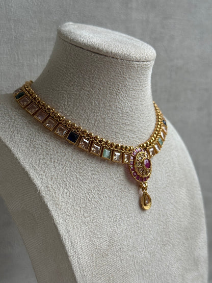 Ayura Designs Nithya Set – Gold Necklace & Earrings with Multicolour Stones and Ruby Centre