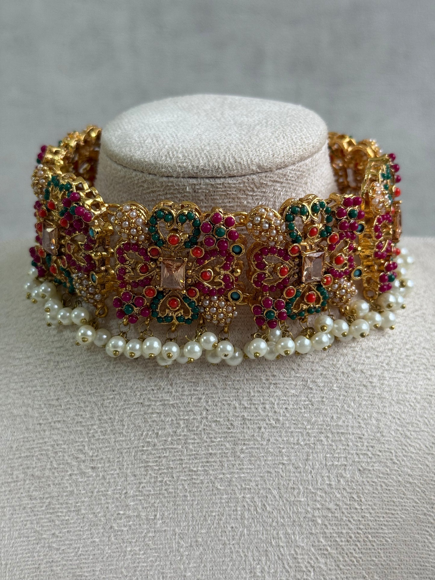 Ayura Designs Mahnoor Navratan Choker Set with Earrings & Tikka – Antique Gold Finish, Multicolour Enamel & Pearl Detailing
