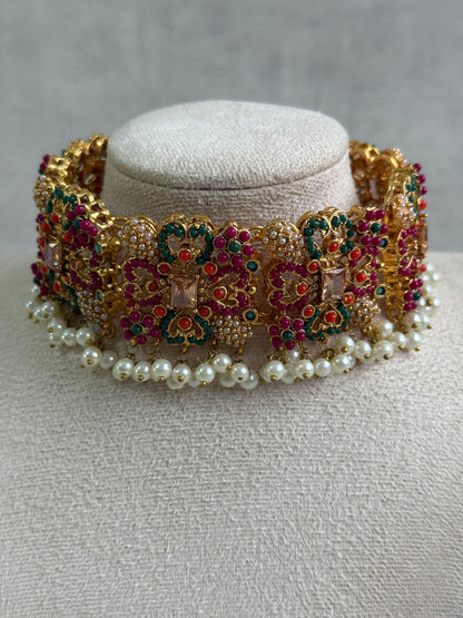 Ayura Designs Mahnoor Navratan Choker Set with Earrings & Tikka – Antique Gold Finish, Multicolour Enamel & Pearl Detailing
