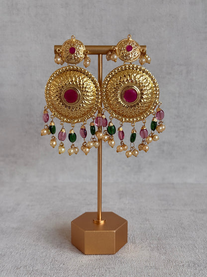 Ayura Designs Jyoti Set with Earrings & Tikka – Gold Disc Necklace with Ruby Pink, Emerald Green & Pearl Detailing