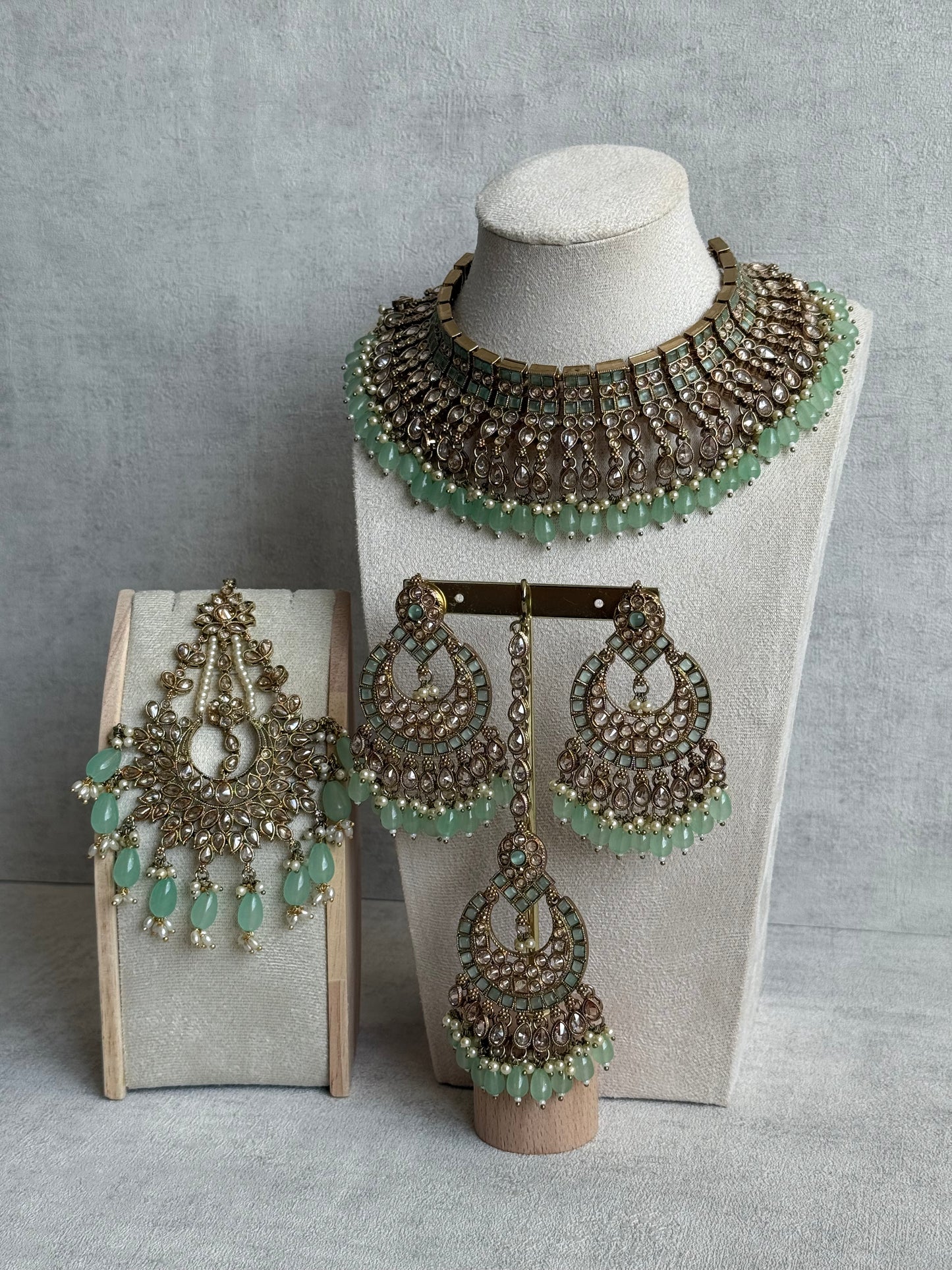 Ayura Designs Sajda Bridal Set with Necklace, Earrings, Tikka & Passa – Pistachio Green Beads, Kundan & Mirror-Cut Detailing