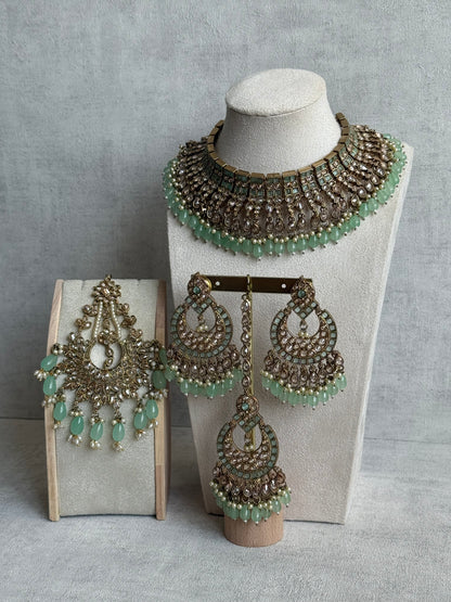 Ayura Designs Sajda Bridal Set with Necklace, Earrings, Tikka & Passa – Pistachio Green Beads, Kundan & Mirror-Cut Detailing