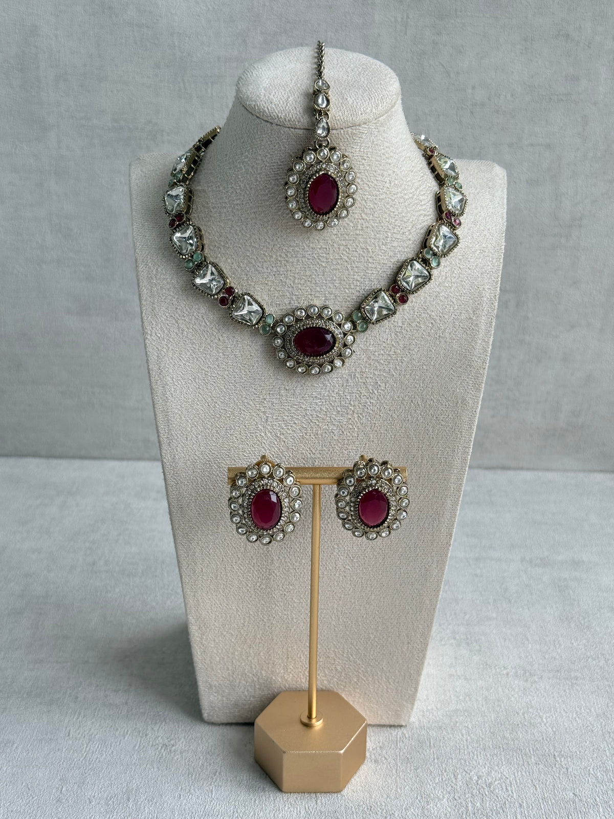 Ayura Designs Inza Necklace Set – Rani Pink & Mint Green Stones, Kundan & Crystals with Antique Gold Finish