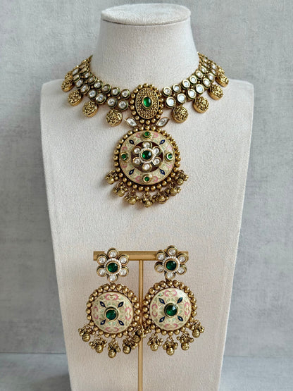 Ayura Designs Zayna Set with Necklace & Earrings – Ivory Meenakari with Emerald Green Stones