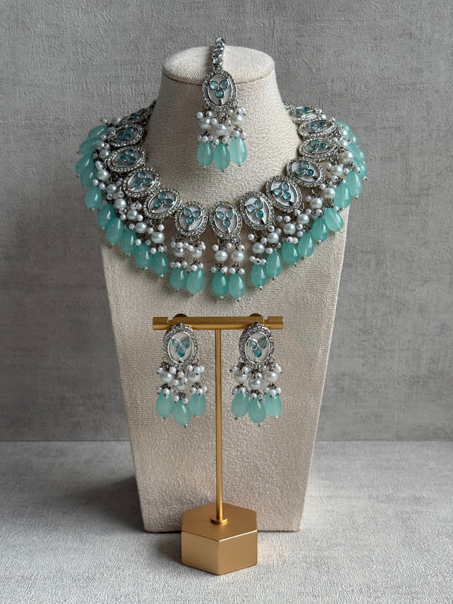 Ayura Designs Linza Set – Necklace, Earrings & Tikka in Aqua Blue & Pearl with Silver Finish
