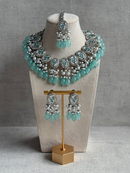 Ayura Designs Linza Set – Necklace, Earrings & Tikka in Aqua Blue & Pearl with Silver Finish
