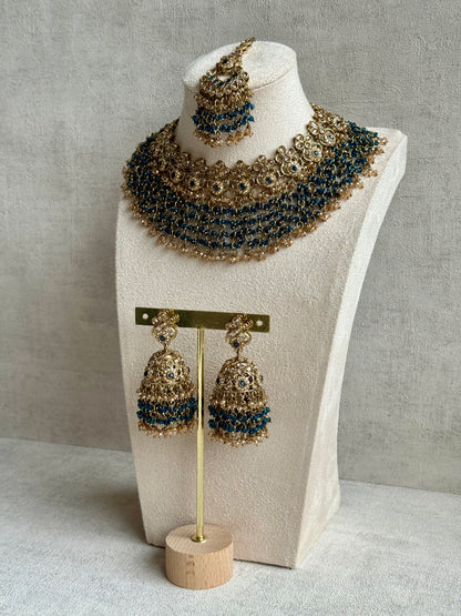 Ayura Designs Mahreen Set – Necklace, Jhumkis & Tikka with Mirror-Cut Stones, Peacock Blue Beads & Gold Finish