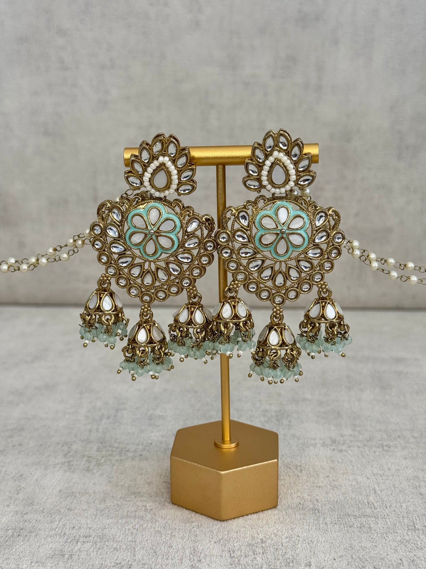 Ayura Designs Issa Earrings – Opulent Gold & Sahare Chandbali Jhumkas with Mint Green Enamel, Polki Kundan & Pearl Elegance