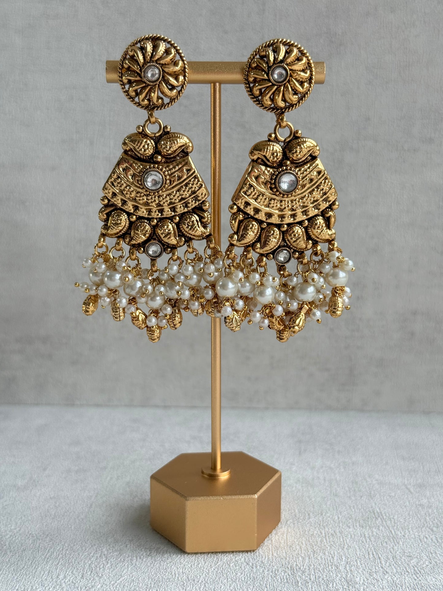 Ayura Designs Sairish Choker Set with Earrings & Tikka – Ivory Beads, Pearl Detailing, Ghungroos, Paisley Motifs & Antique Gold Finish
