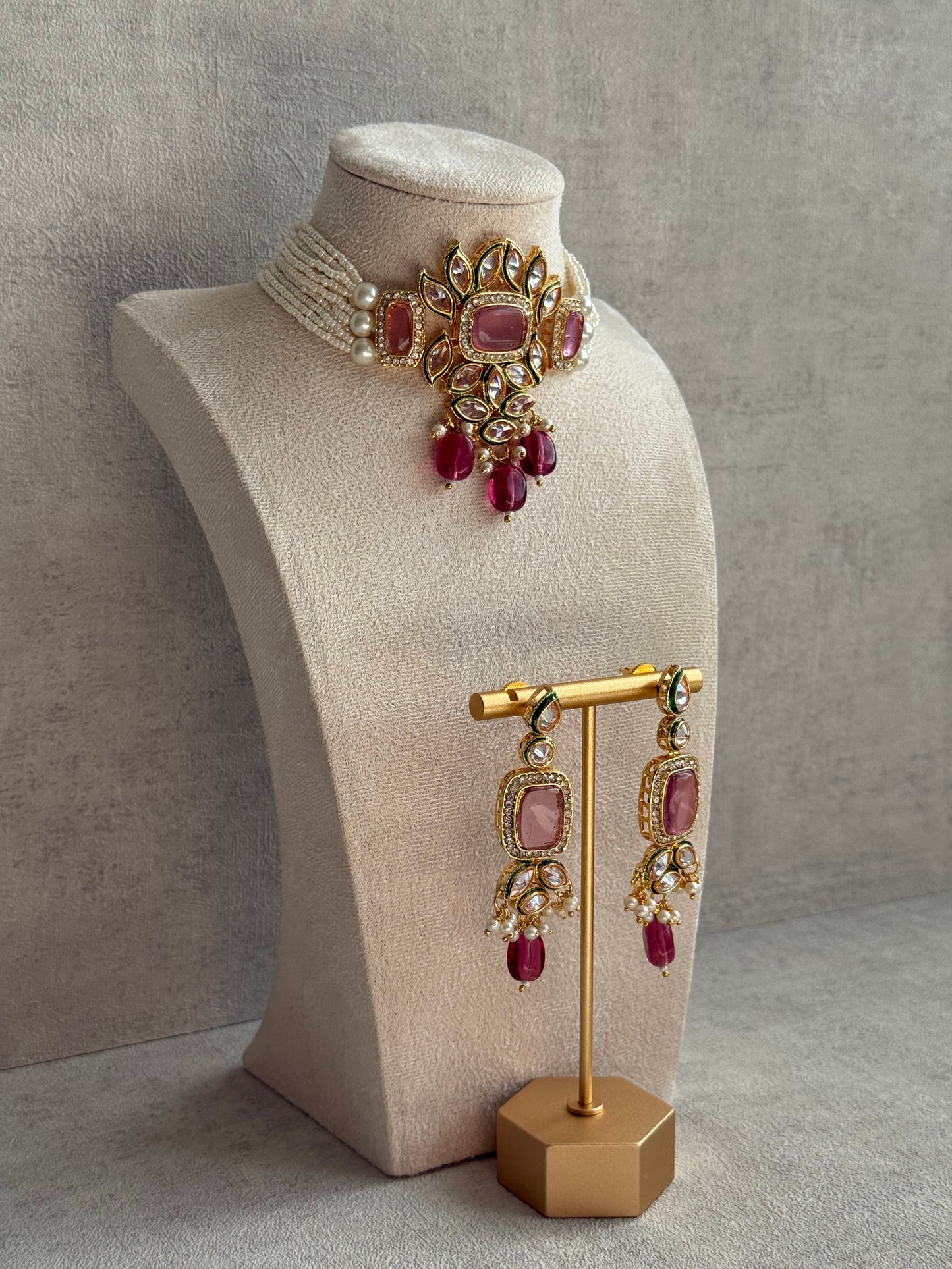 Ayura Designs Raaz Set with Necklace & Earrings – Berry Pink Stones, Kundan Detailing & Antique Gold Finish