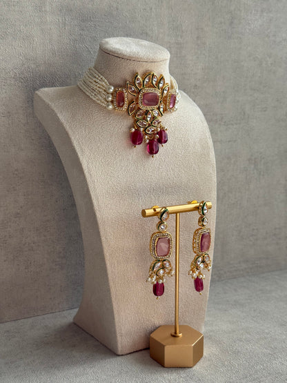 Ayura Designs Raaz Set with Necklace & Earrings – Berry Pink Stones, Kundan Detailing & Antique Gold Finish