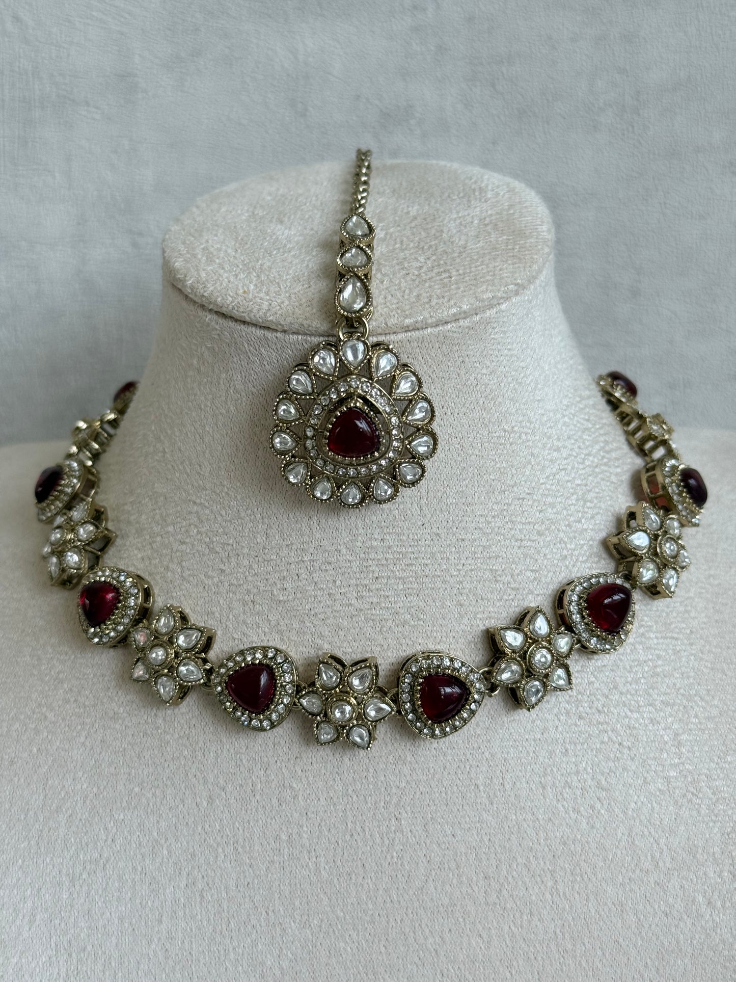 Ayura Designs Ivy Necklace Set with Studs & Tikka – Ruby Red Kundan Detailing