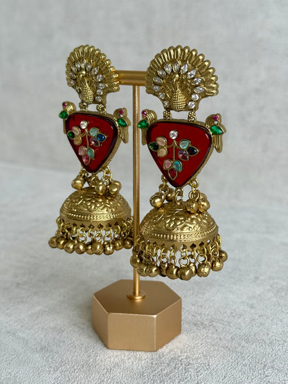 Ayura Designs Makali Earrings – Crimson Red Enamel with Multicolour Stones & Antique Gold Jhumkis