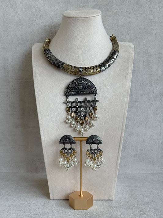 Ayura Designs Dhoop Necklace Set with Earrings – Dual Tone Oxidised Necklace with Lattice Pendant & Pearl Detailing