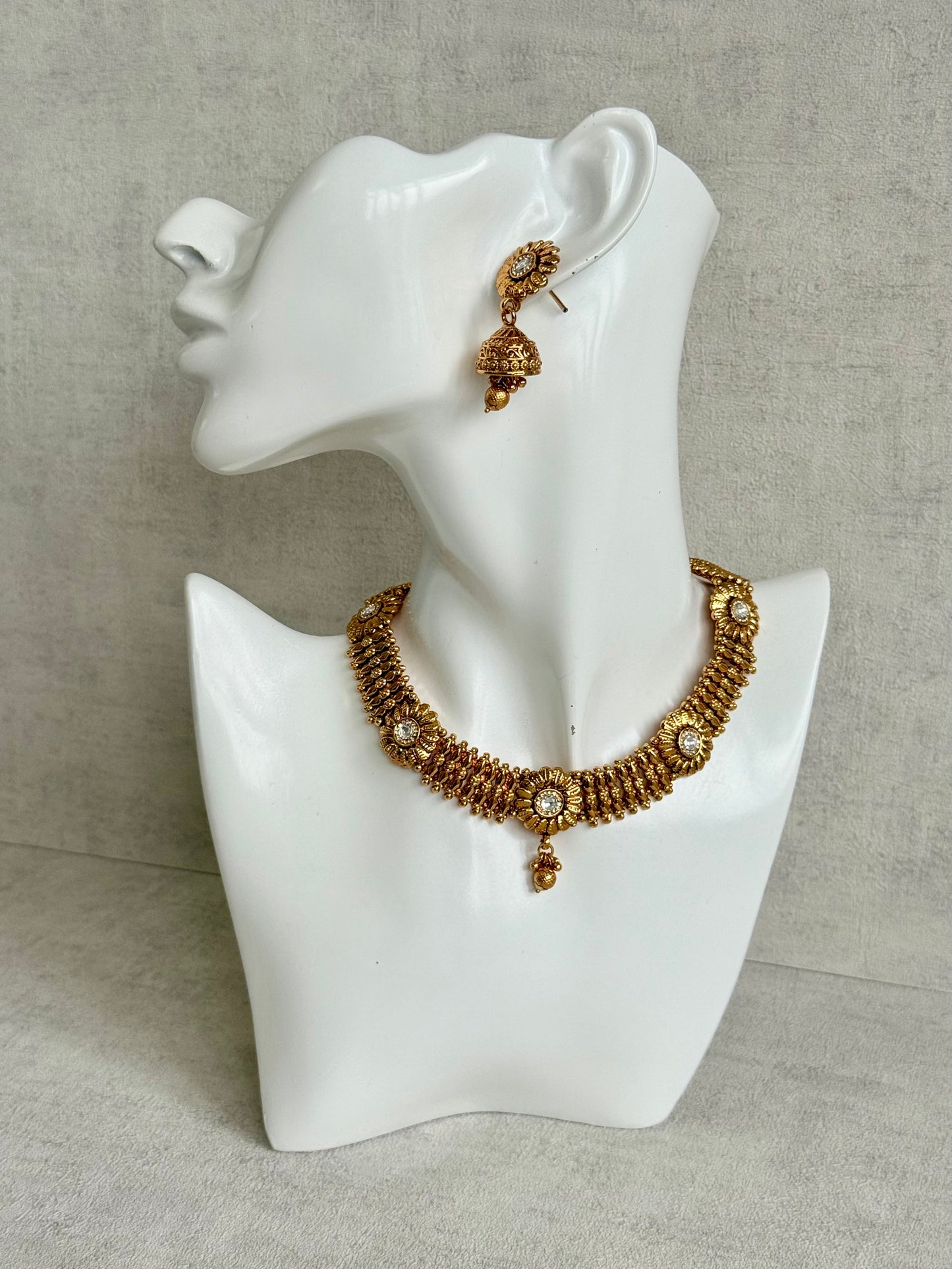 Ayura Designs Arisa Choker Set with Jhumkis – Antique Gold Floral Motifs with Ghungroo Drops