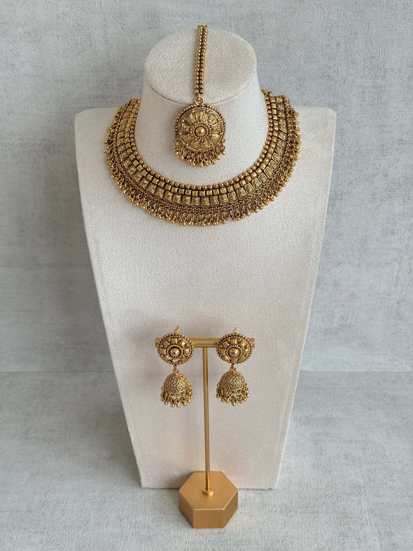 Ayura Designs Iksirat Necklace Set with Jhumkis & Tikka – Gold Heritage Design with Ghungroo Detailing
