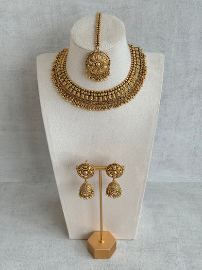 Ayura Designs Iksirat Necklace Set with Jhumkis & Tikka – Gold Heritage Design with Ghungroo Detailing
