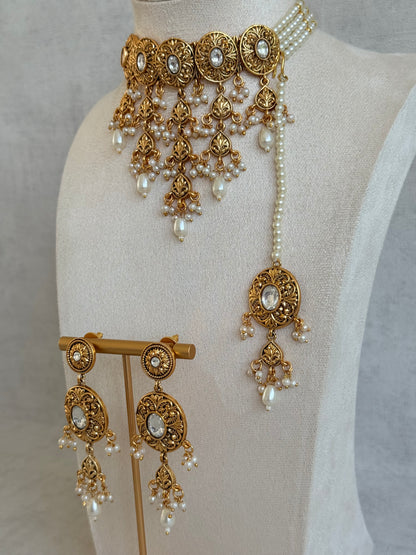 Ayura Designs Mohak Choker Set with Earrings & Tikka – Gold Waterfall Design with Kundan & Pearl Drops
