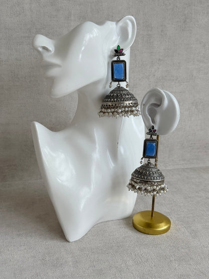 Ayura Designs Zeba Earrings – Oxidised Statement Jhumkis in Ink Blue & Multicolour Stones with Pearl Detailing