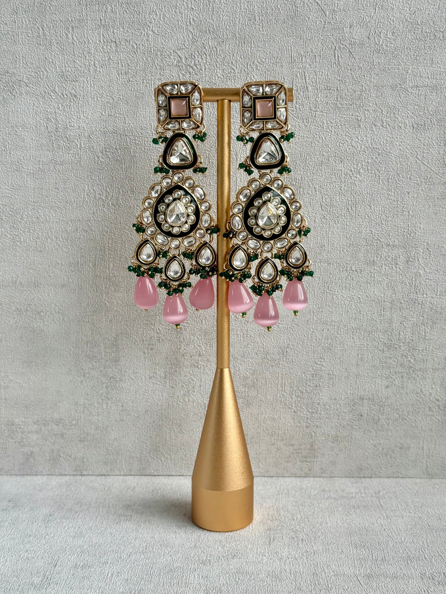 Ayura Designs Zahira Bridal Set with Necklace, Earrings & Tikka – Kundan Detailing with Blush Pink Drops, Green Enamel & Green Bead Accents