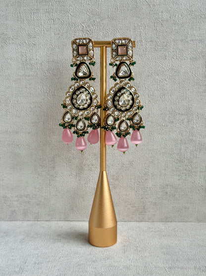 Ayura Designs Zahira Bridal Set with Necklace, Earrings & Tikka – Kundan Detailing with Blush Pink Drops, Green Enamel & Green Bead Accents