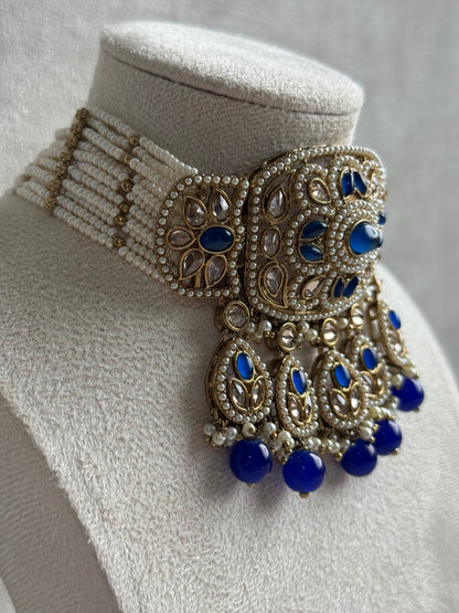 Ayura Designs Zarlish Set – Choker, Earrings & Tikka with Mirror-Cut Stones, Ink Blue Beads & Gold Finish