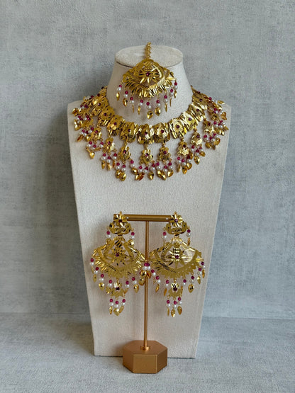 Ayura Designs Baisakhi Set with Earrings & Tikka – Gold Pipal Patti Design with Ruby Pink Beads & Pearl Detailing