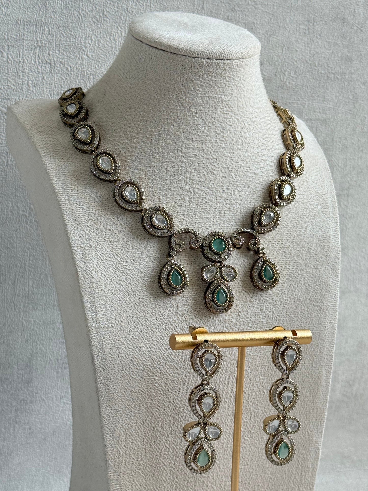 Ayura Designs Bianca Necklace Set with Earrings – Mint Green & White Kundan, Crystals & Gold Finish