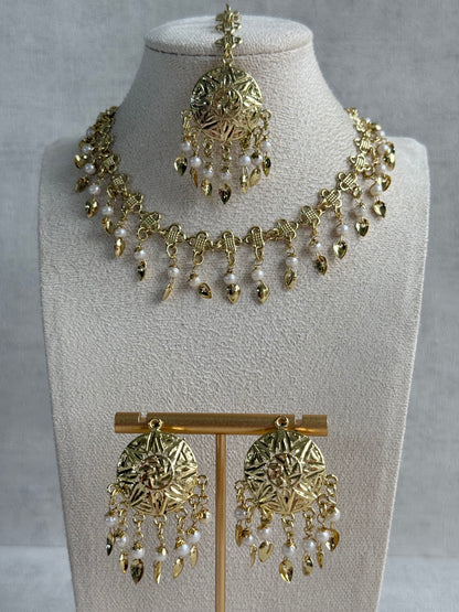 Ayura Designs Rupal Necklace Set with Earrings & Tikka – Gold Finish with Pearls & Pippal Patti Detailing