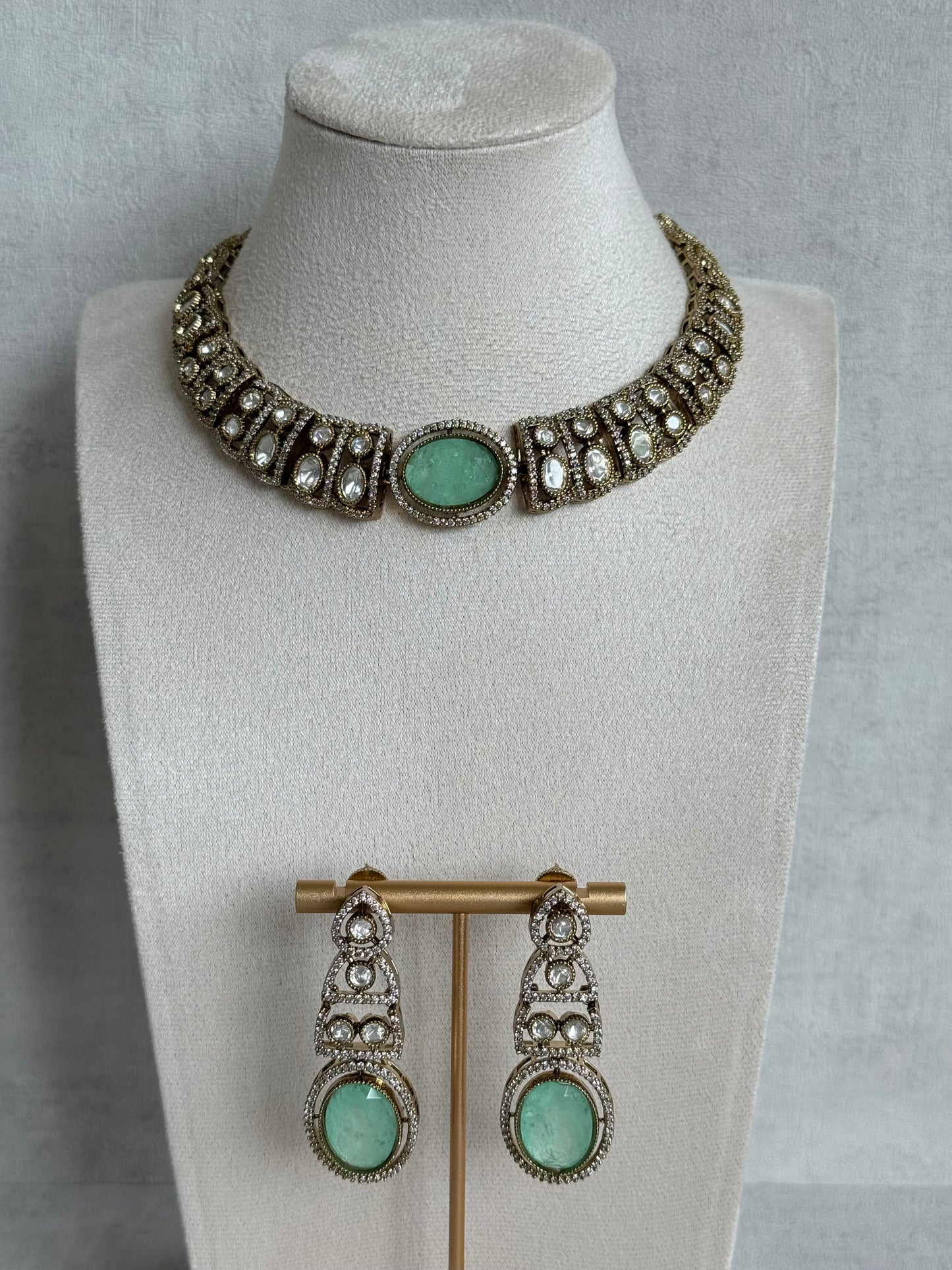 Ayura Designs Sadie Necklace Set with Earrings – Mint Green Centre Stone, Moissanite Style Stones & Crystal Halo Detailing